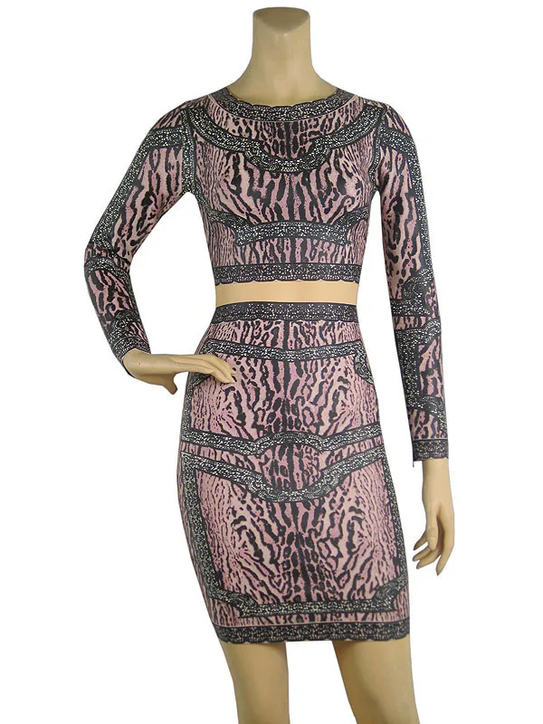 2014 New Promotion Bandage Top Below The Knee Dresses Women See-through Pink Black Snake Print Full Sleeve Sexy Two Piece Dress | Женская