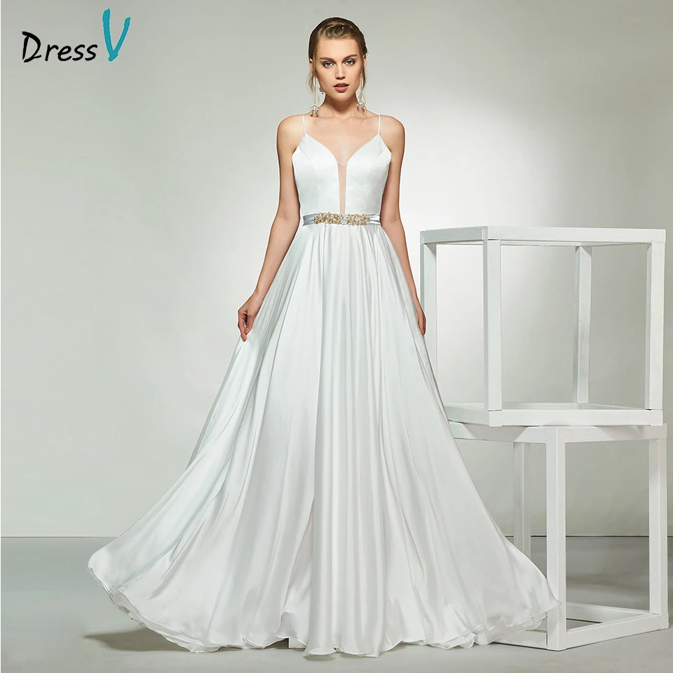 

Dressv ivory elegant spaghetti straps beading a line sleeveless wedding dress floor length bridal outdoor&church wedding dresses