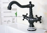 basin faucets black color brass deck mounted double handle bathroom basin mixer tap single hole hot and cold tap bnf645