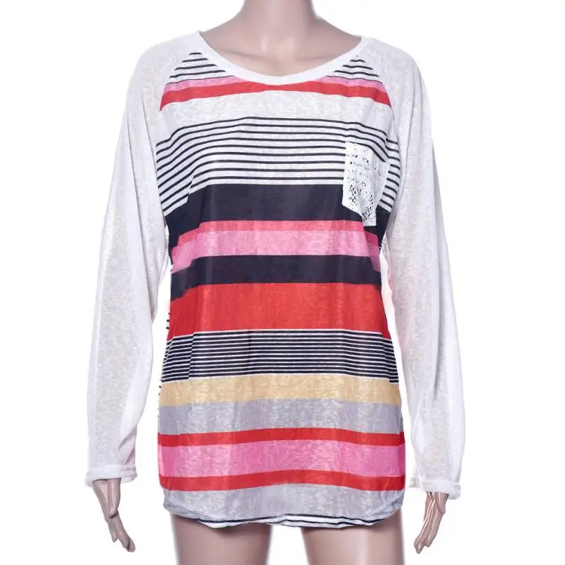 Женские топы в полоску с кружевным карманом и круглым вырезом женская рубашка