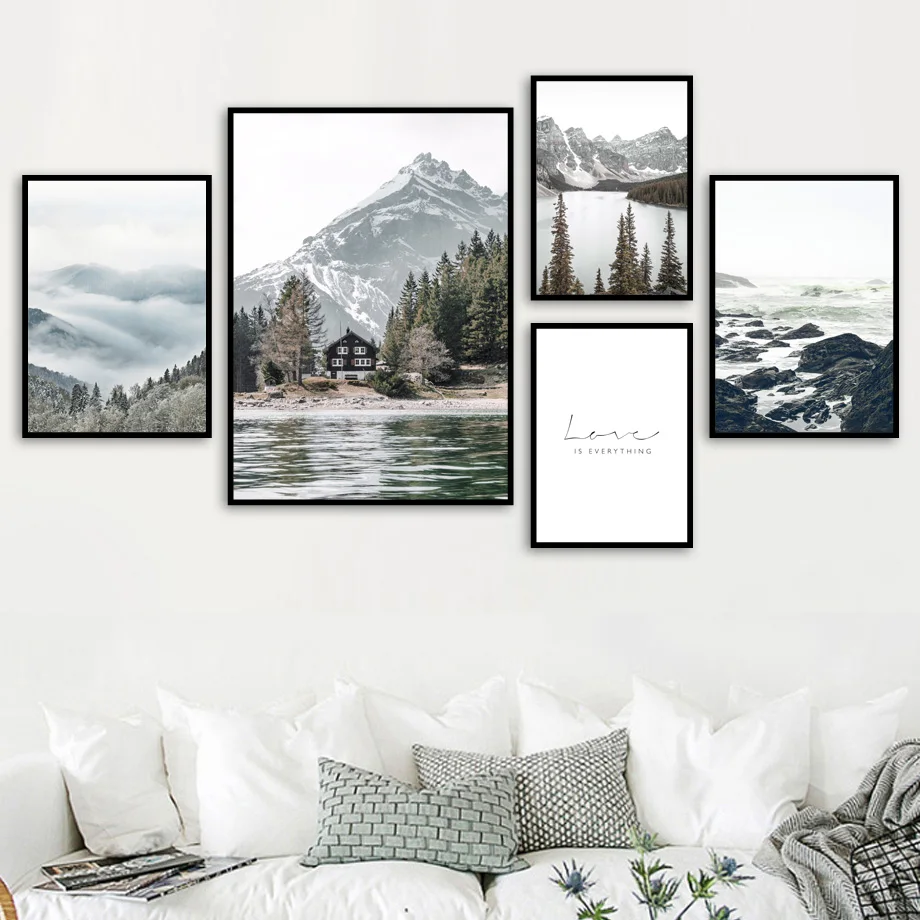 

Fog Reef Snow Mountain Lake Pine Forest Wall Art Canvas Painting Nordic Posters And Prints Wall Pictures For Living Room Decor