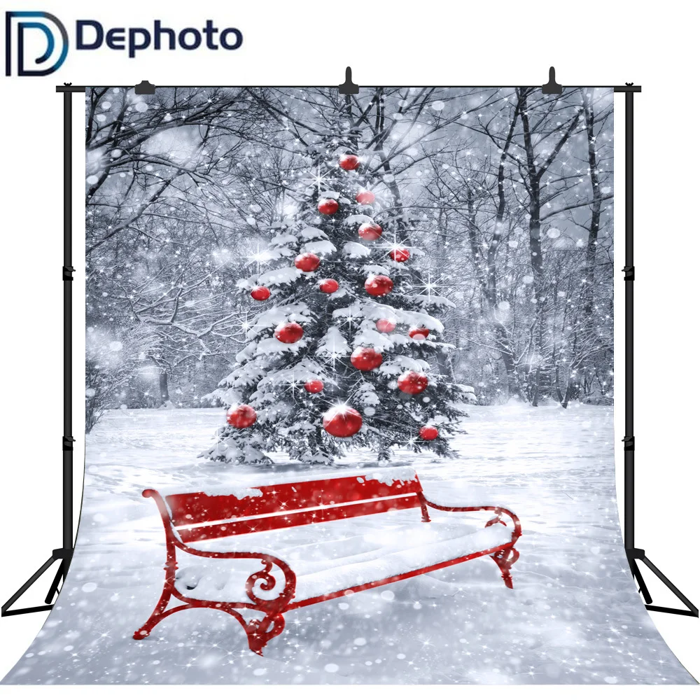 Dephoto фон для фотостудии мультфильм зимний парк красная скамейка снег Рождество