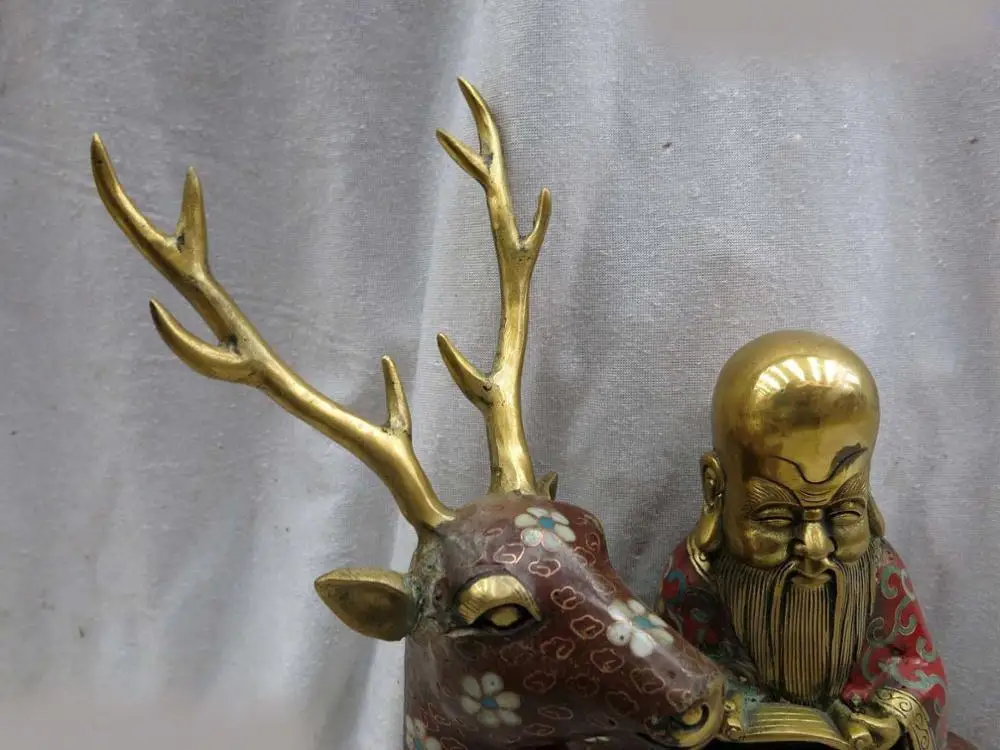 10 &quotКитай ручной бронзовый gild Перегородчатой долголетия Будды скульптура оленя