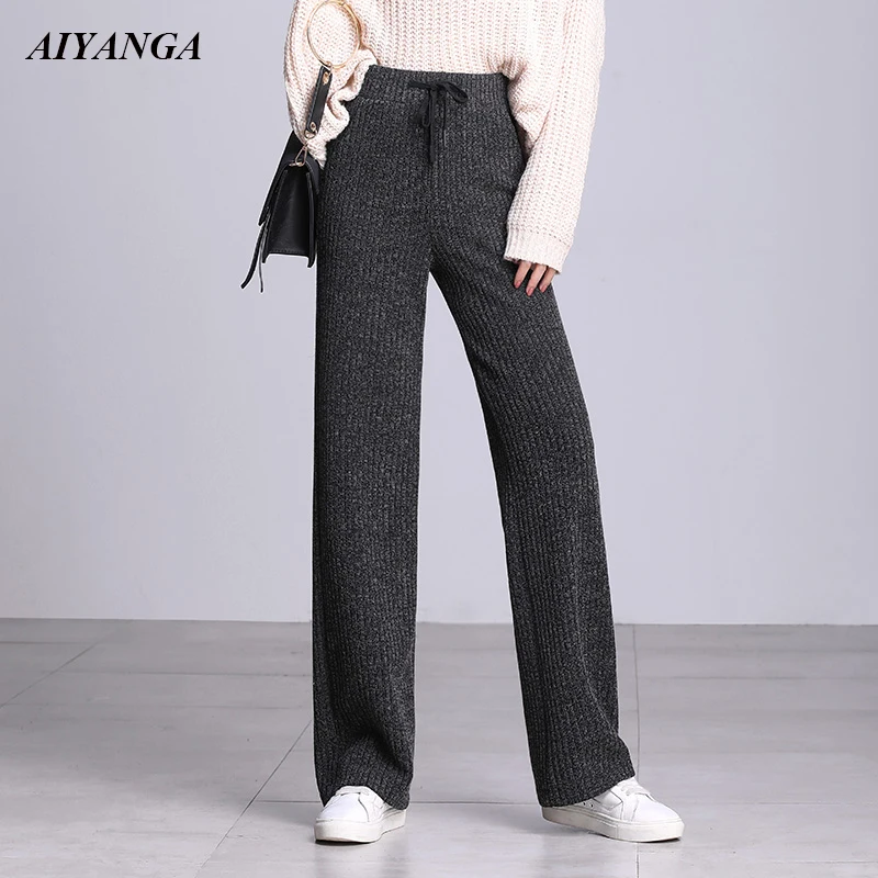 Thicken Knitted Pants Women 2022 Warm Autumn Winter High Waist Wide Leg Trousers Ribbed Korean Fashion pantalon femme