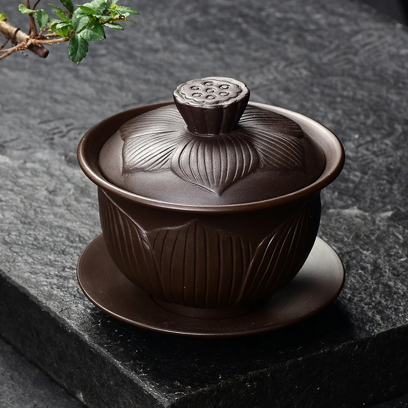 200/230ml Yixing Purple Clay Gaiwan Tea Bowl with Lid Saucer Set Vintage Zisha Drinkware Teaware Office Ceremony Tureen Gift | Дом и сад
