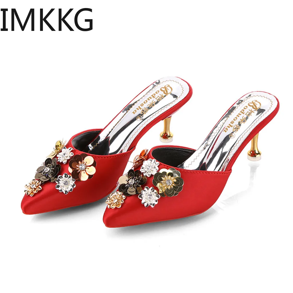 Женские шлепанцы на высоком каблуке с острым носком Женская обувь цветочным