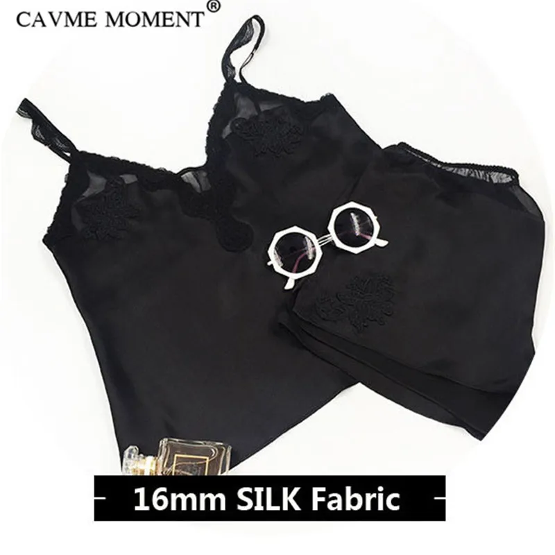 CAVME Luxury Silk Pajama Sets Women Ladies's Lace Spaghetti Strap Shorts Sleepwear Solid Color Black 2 Pieces Homewear for 135G