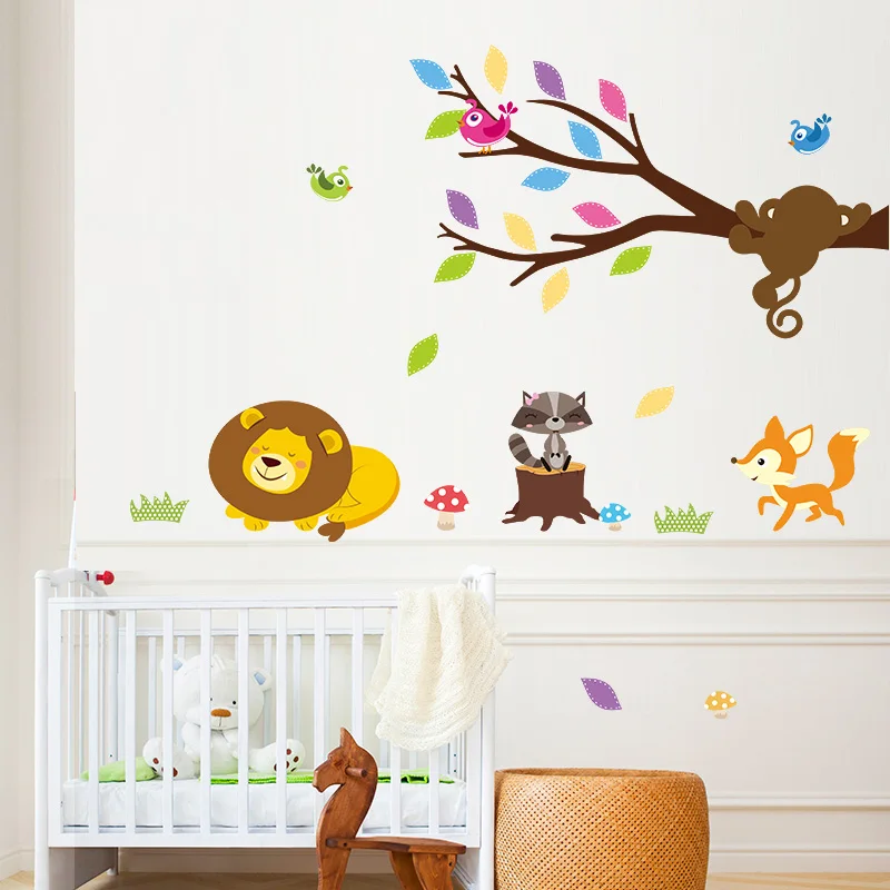 Мультяшные животные Лев Обезьяна Дерево Птицы настенные наклейки для детской