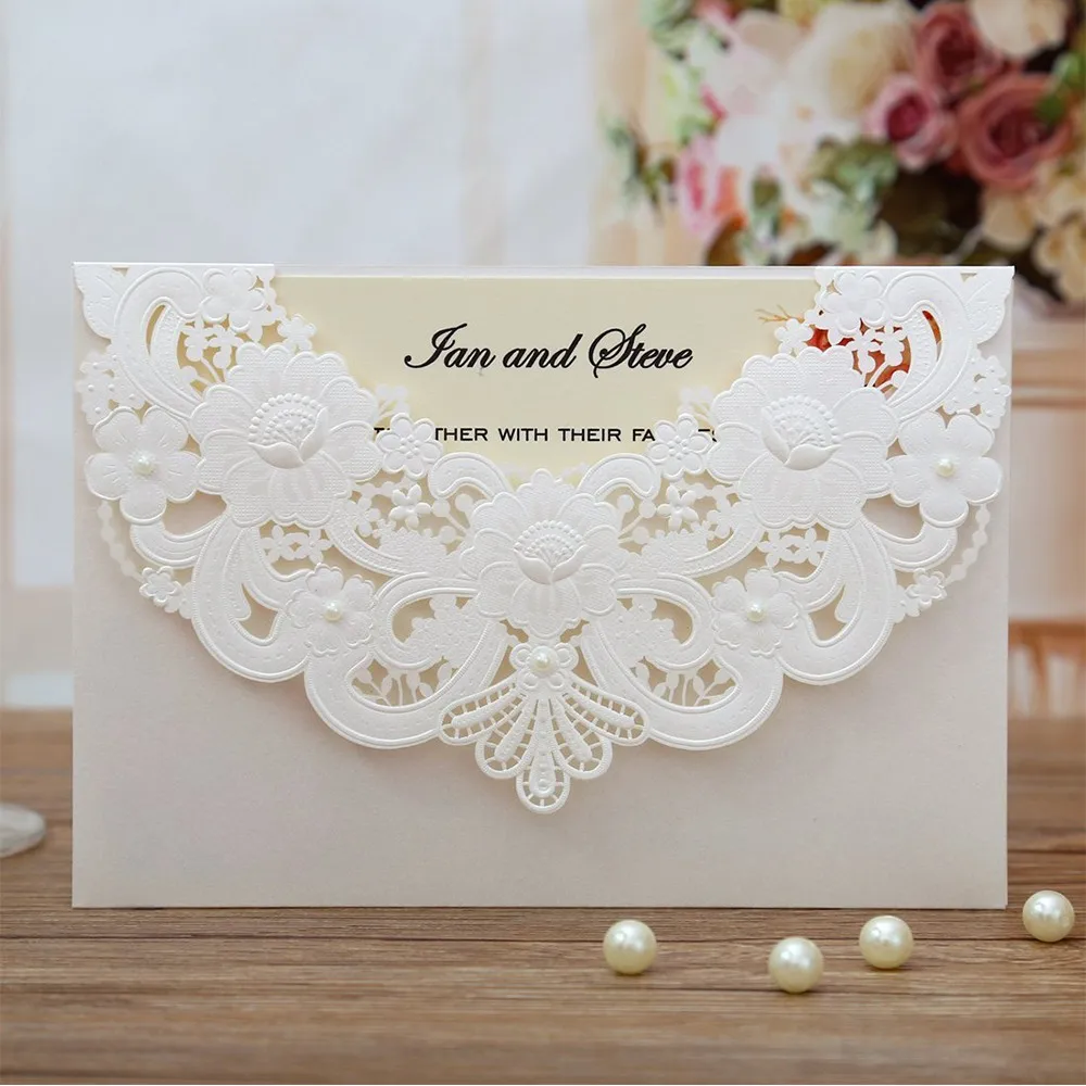 

100pcs New Arrival Horizontal Laser Cut Invitation with White Hollow Flora,Printable,CW17001