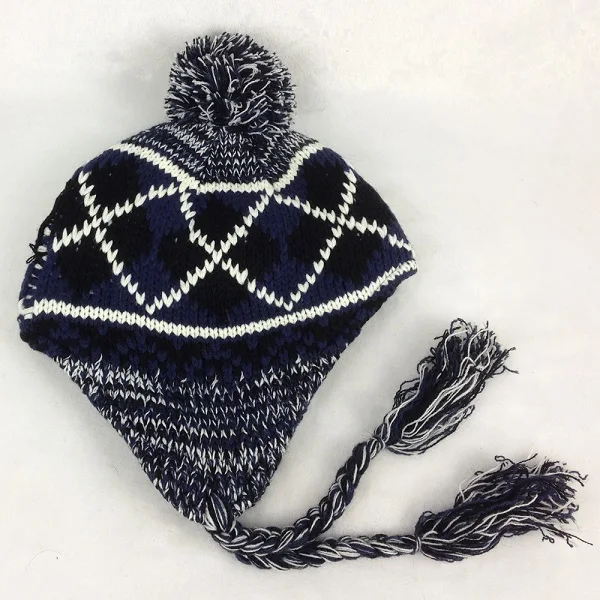 Dark Blue Новинка, клетчатые Вязанные шерстяные зимние женские головные уборы, русские ушанки, Балаклава с помпоном, шапка с теплой подкладкой, шапочки, шапка BZ6901 - Цвет: Dark Blue