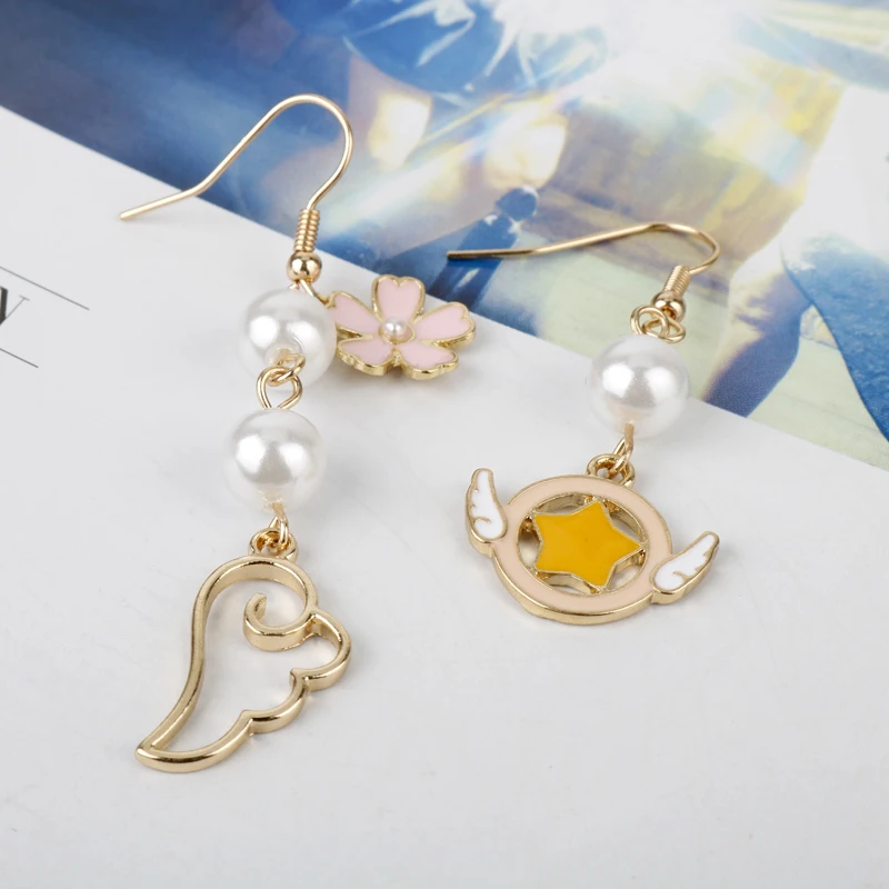 

dongsheng Japenese Comic Enamel Angel Wing Star Pearls Card Captor Sakura Dangle Earrings for Women Girl Flower Earrings