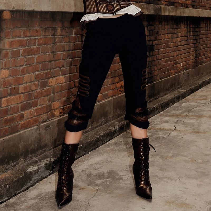 Punk Gothic Retro Personality Black Casual Lace Women Pants Steampunk Spring Autumn Slim-Fitting Sexy Trousers For Women