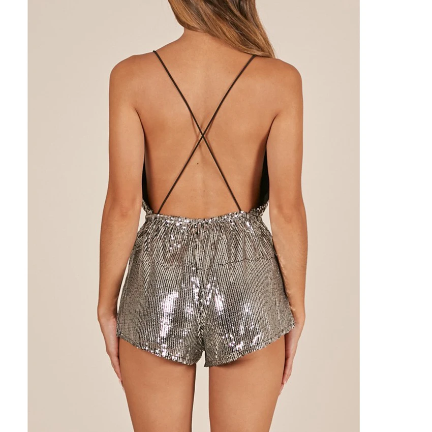 

Women Summer Sexy Sequins Club Party Playsuit Strap Overalls Sexy Romper Female Jumpsuit Short Backless One Piece Sheer Bodysuit