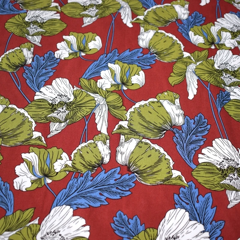 

Width 140cm Red Bottom Carnations Reactive Dyeing Cotton Linen Fabric For Dress Shirt Telas Tissu Tissus Au Metre Stoffen DIY