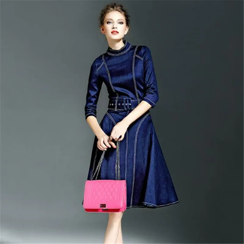 Женское джинсовое платье с воротником-стойкой облегающее Ковбойское рукавом три