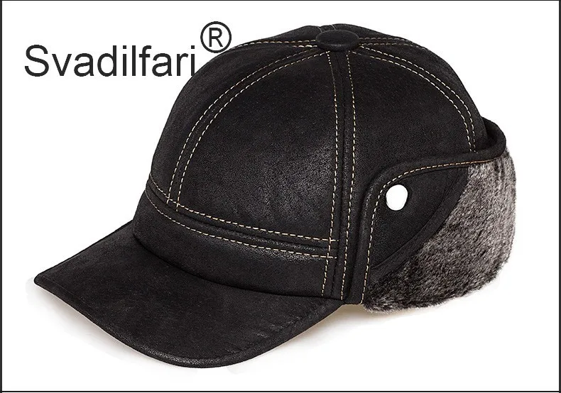 Black 1 Svadilfari, Мужская бейсболка из натуральной кожи с эффектом потертости, шапки с искусственным мехом, зимняя теплая шапка с ушками, черная, коричневая, верблюжья, женская шапка - Цвет: Black 1