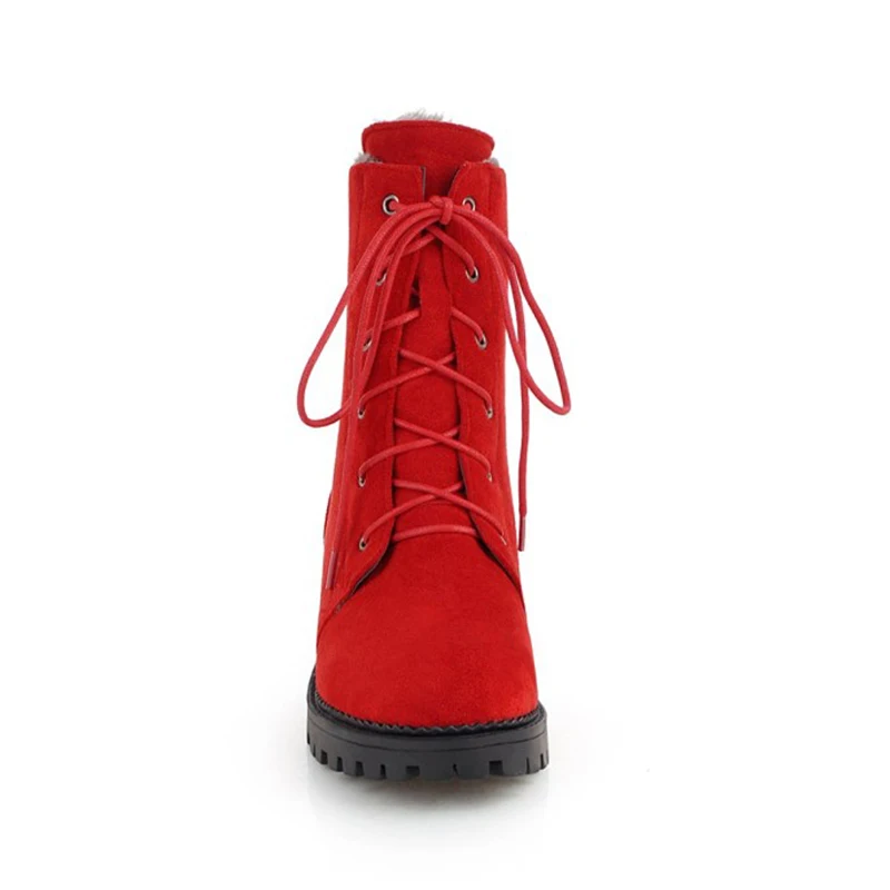 

Winter Women Ankle Short Boots Plus Size Shoes Flock Nubuck Solid Fashion Keep Worm Plush Inside Round Toe Lace-up Cross-tied