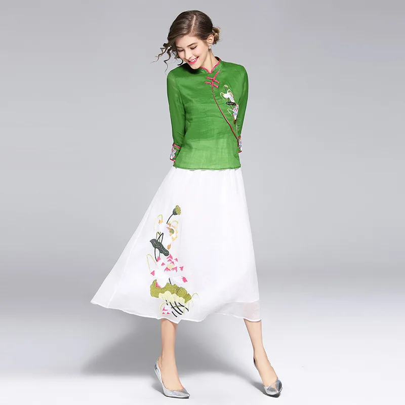 2018 Весна Винтаж Вышивка Цветочный хлопок и лен для женщин длинное платье