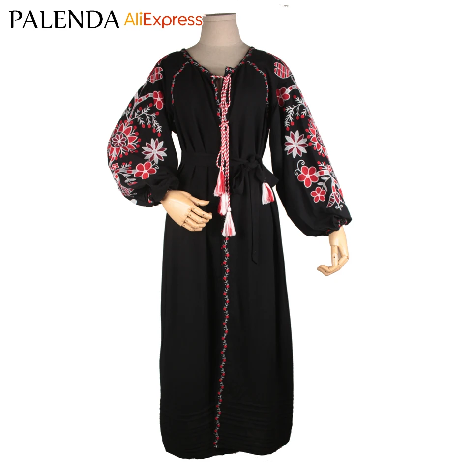 Женщины Boho платье в богемном стиле вышивка геометрический узор с цветами и