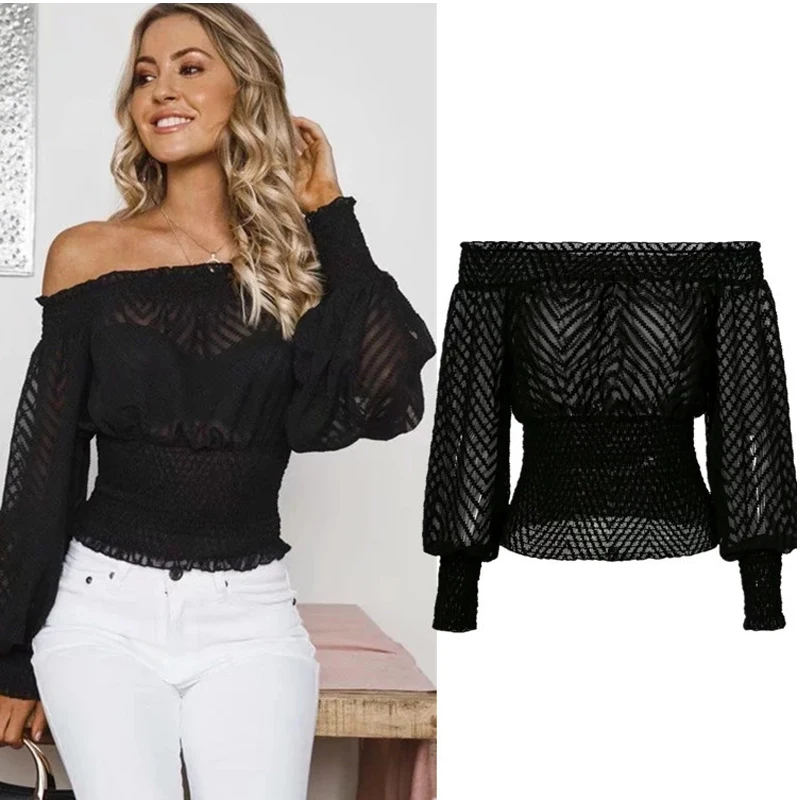 Блузка женская шифоновая с открытыми плечами и длинным рукавом|Блузки| |