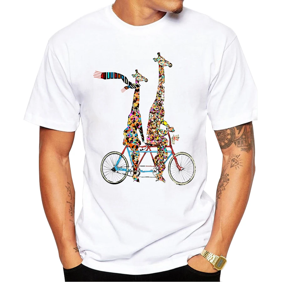 

Популярные Модные мужские топы 2019, летние новейшие Жирафы с принтом на велосипеде, мужские футболки с ручной росписью, Популярные топы