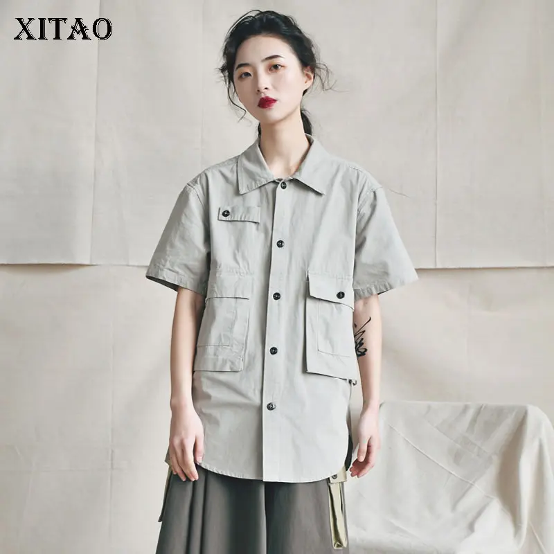 XITAO Wild Joker винтажная блузка женская одежда 2019 отложной воротник карман одна грудь