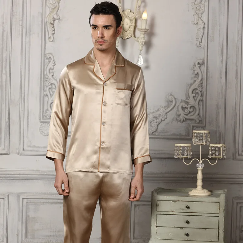 Genuine Silk Pajamas Man Two-Piece Sets 100% Silkworm Silk Sleepwear Male Comfortable Home Wear 16195
