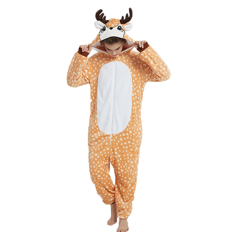 Deer Мягкий С Капюшоном Женщины Пижамы Мультфильм Косплей Единорог Ночная Кошка Пижамы Зима Мужчины Женщины Пижамы Набор Фланелевой Костюм Домашней Одежды - Цвет: Deer