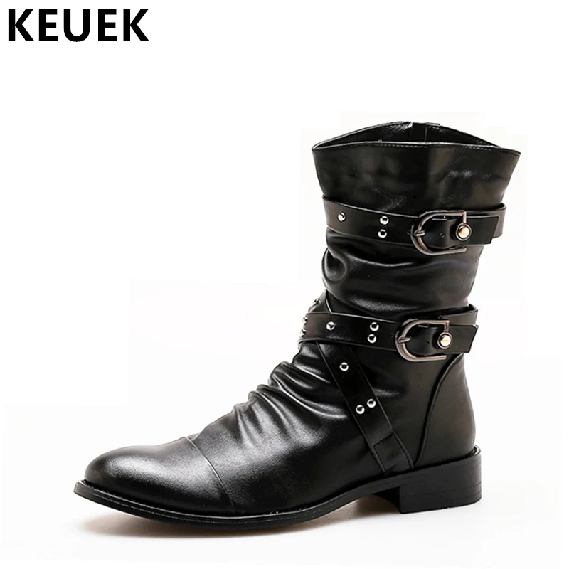 

Fashion Men boots Mid-Calf Pointed Toe Army boots Autumn Male shoes Motorcycle boots Waterproof Tooling boots 061