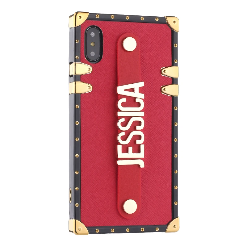 Red Leather For iPhone 11 Pro 6S XS Max XR 7 7Plus 8 8Plus X Custom Leather Trunk Case Holding Strap Gold Metal Personalized Name Phone Case - Цвет: Red Leather