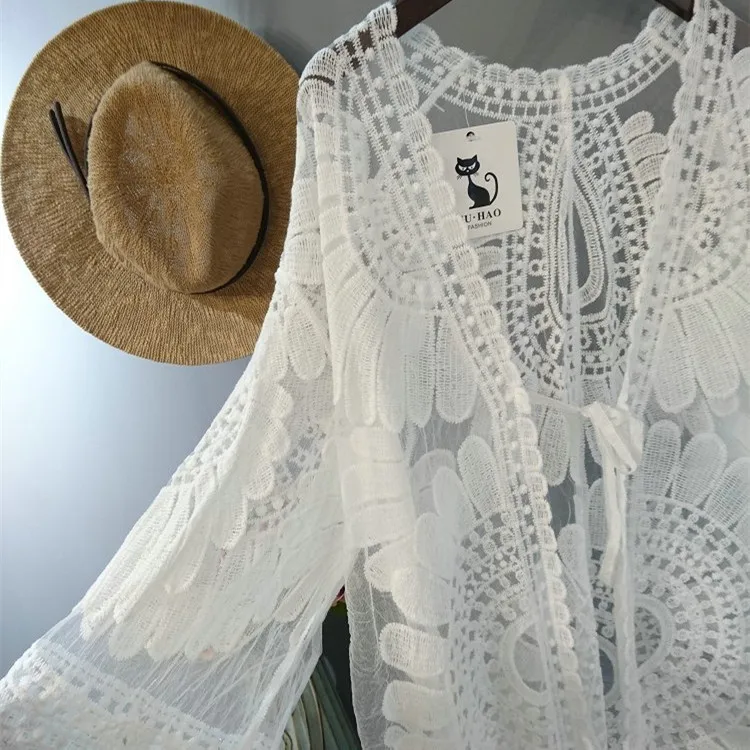 Белая кружевная блузка кимоно Новинка лета 2019 Модное Длинное с вышивкой кардиган