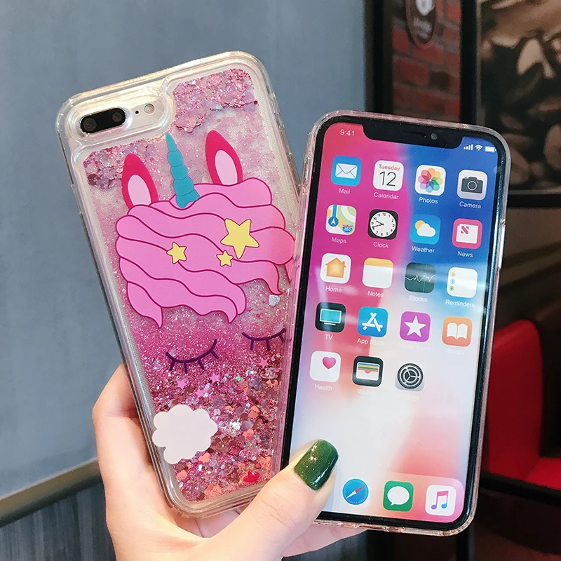 Модный мягкий ТПУ чехол накладка с розовым единорогом и жидким песком для iPhone 6 6S 7