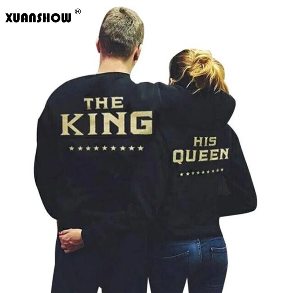 

XUANSHOW KING QUEEN Letters Print Men Women Lovers Couple Fleece Autumn Winter Hoodies Sweatshirts