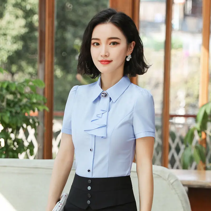 Bule(Short sleeve) Элегантная женская рубашка с длинным рукавом, осенняя, белая, фиолетовая, с галстуком-бабочкой, шифоновая, женская блузка, одежда для работы, официальная, офисная, размера плюс, топ небесно-голубого цвета - Цвет: Bule(Short sleeve)