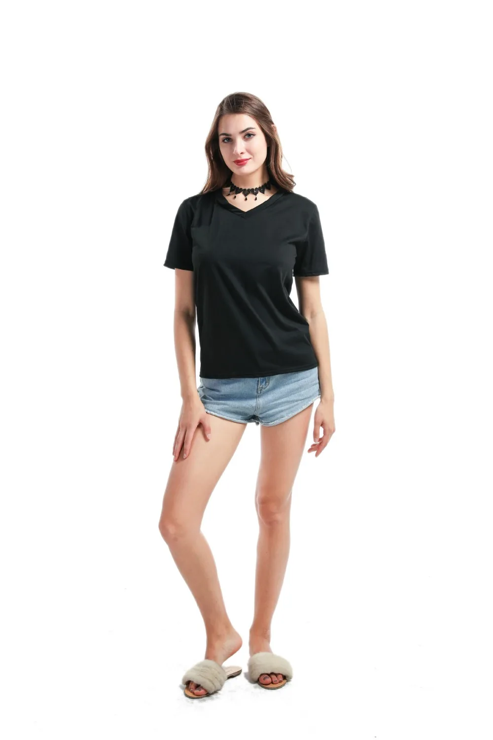 Женская Однотонная футболка с v образным вырезом летние футболки короткими