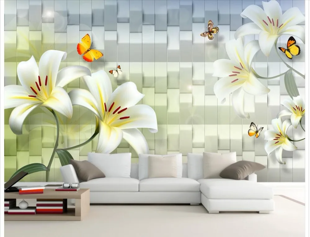 3D обои на заказ любой размер Настенные белая Лилия элегантная бабочка