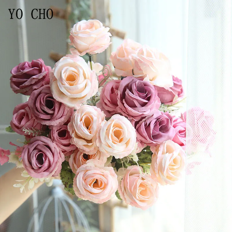 

YO CHO Artificial Flowers Roses Silk Flower Peony Bouquet Artificial Fake Rose Flower Small Wedding Home Party Decor Fake Flower