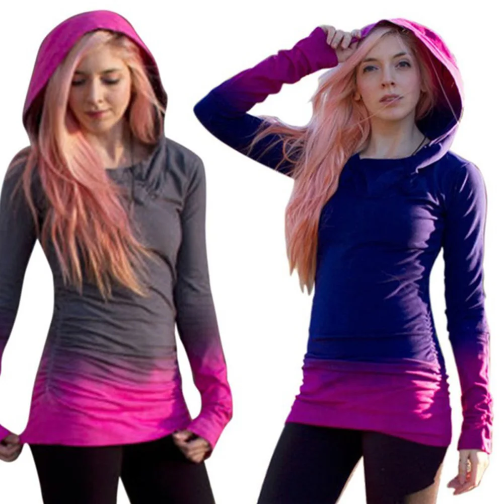 Женская Осенняя мода с длинным рукавом капюшоном тонкий градиентный цвет