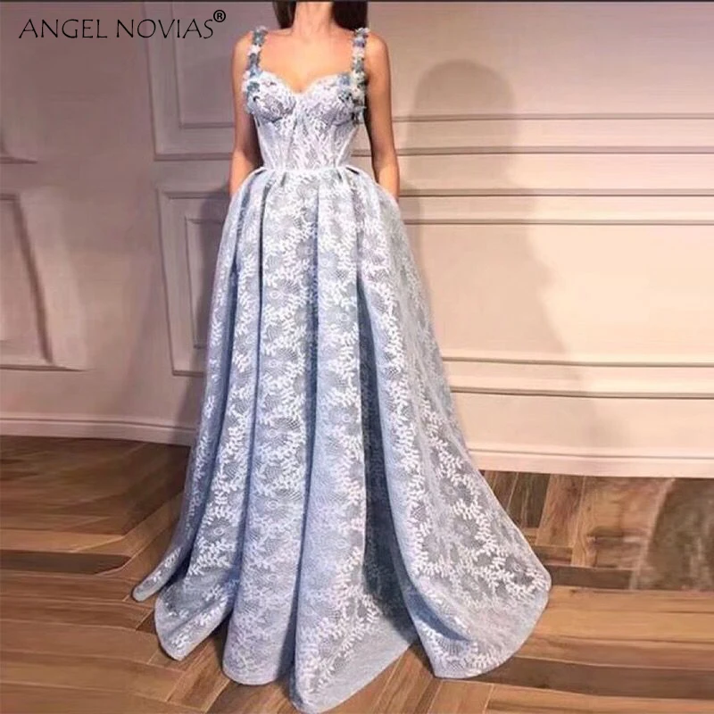 ANGEL NOVIAS Длинные Светло-Голубые кружевные женские вечерние платья в Саудовской Аравии с бретельками Avondjurken на заказ