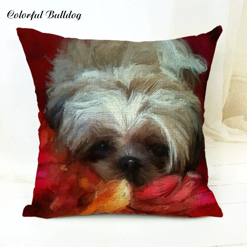18 Милая мультяшная собачка, картина маслом, Shih Tzu, Наволочка на подушку, 17 дюймов, льняная декоративная домашняя подушка для сиденья автомобиля, осенняя подушка для леса - Цвет: 18