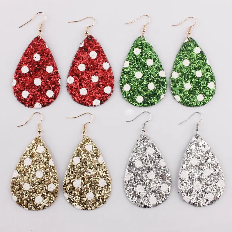 

ZWPON 2020 Green Polka Dot Glitter Vegan Leather Teardrop Earrings for Women Fashion Leather Female Jewelry Wholesale