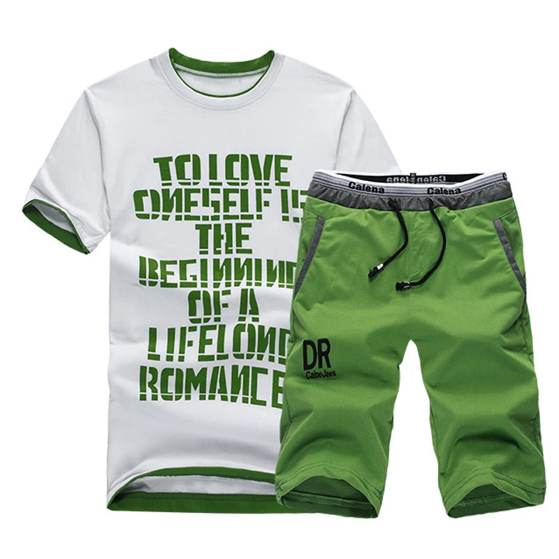 2017 Футболка с принтом короткий набор Для мужчин Slim Fit летний костюм футболка