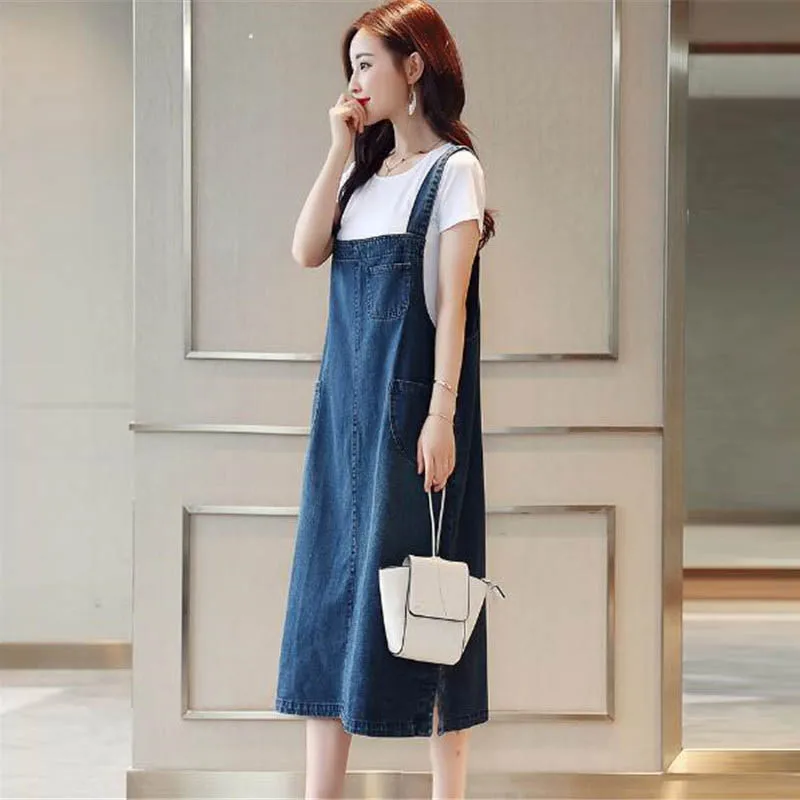 Платье из джинсовой ткани весенне-летнее платье большого размера + подтяжки