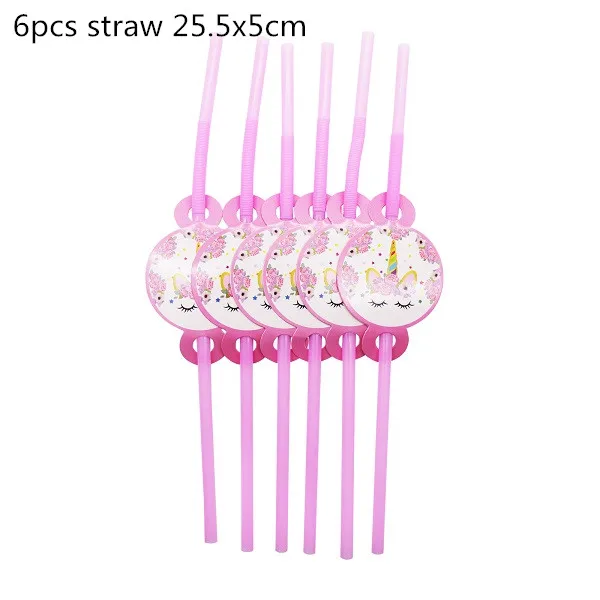 6pcs straw Вечерние украшения в виде единорога для девочек, топперы для торта на день рождения, тематические бумажные стаканчики в виде единорога, шляпы, салфетки, скатерть, Детские Подарочные вечерние принадлежности - Цвет: 6pcs straw