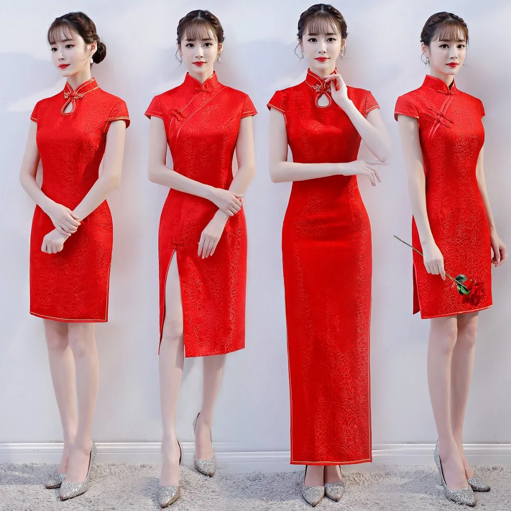 

Sexy Red Lady Summer Long Cheongsam Chinese style Dress Woman Qipao Slim Party Dresses Button Vestido Plus Size S-4XL