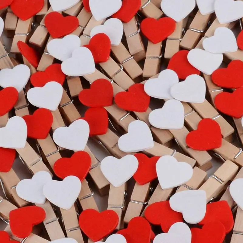 100 шт. Мини Деревянные застежки сердце (белый + красный) зажимы деревянные