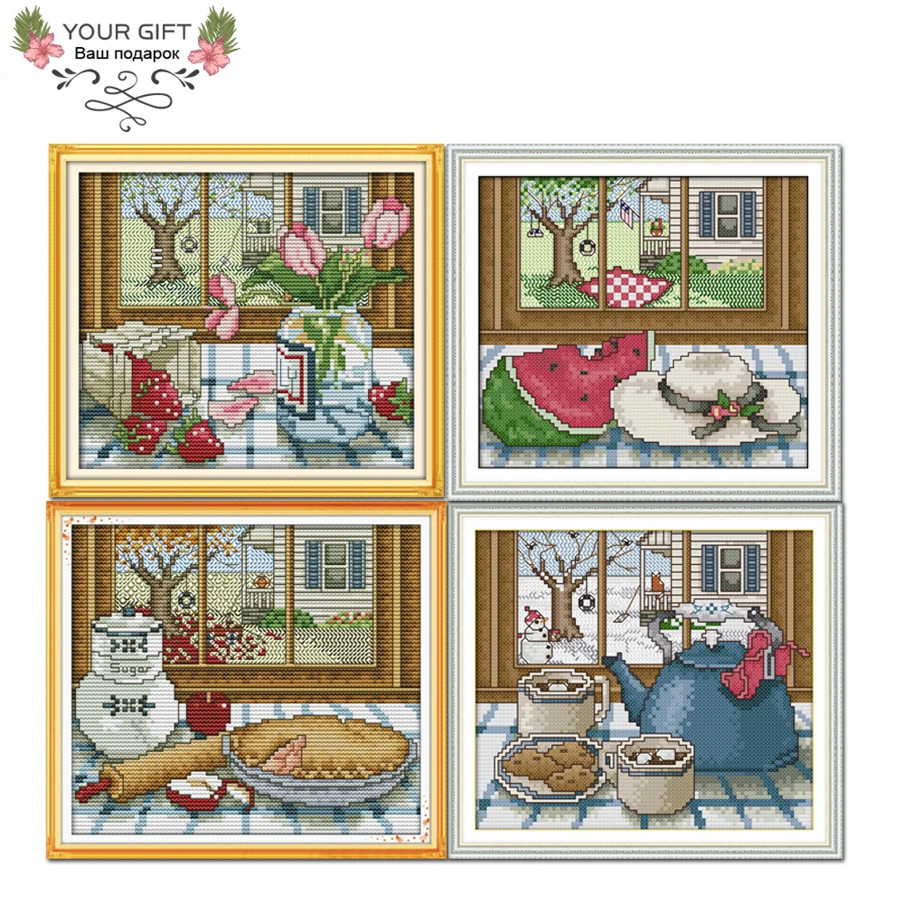 

Joy Sunday Four Seasons Home Decor F497F498F499F500 The Spring Summer Autumn Winter Outside The Window Needlework Cross Stitch