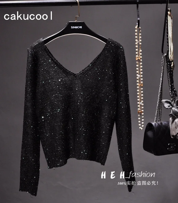 Cakucool, новинка, женский свитер с блестками, тонкий, черный, длинный рукав, v-образный вырез, джемпер, открытая спина, сексуальные, шикарные, вечерние, вязанный, пуловер, женский свитер