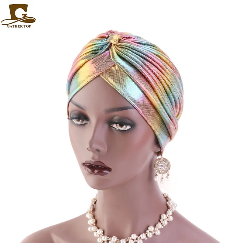 Ful New Women Laser Silky Ruffle Metallic Turban Hair Cover Accessories Wave Caps Bonnet Salon Hat Turban Headwrap