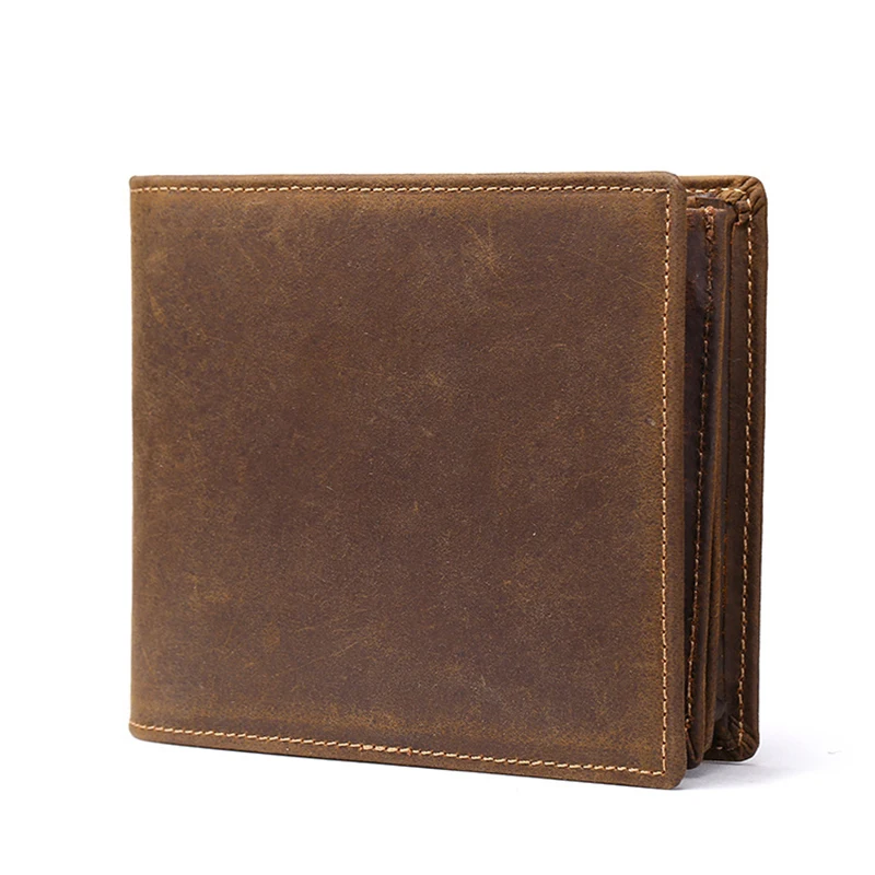 

Top Quality 100% Crazy Horse Cowhide Short Wallets For Men Zipper Pocket ID/Credit Card Holder Coin Purse Vintage Bifold Wallet